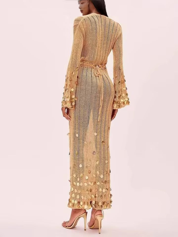 Sequin Elegant Solid Knitted Maxi Dress