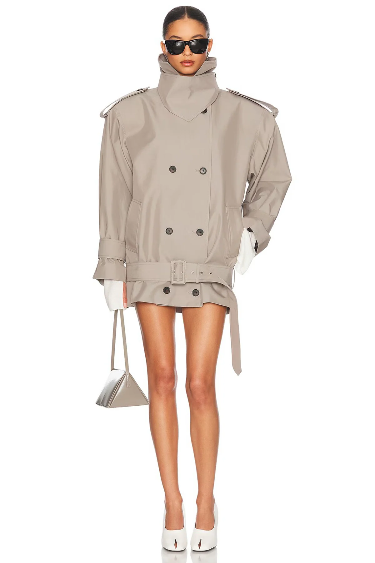 Grey Double-Breasted Belted Trench Coat