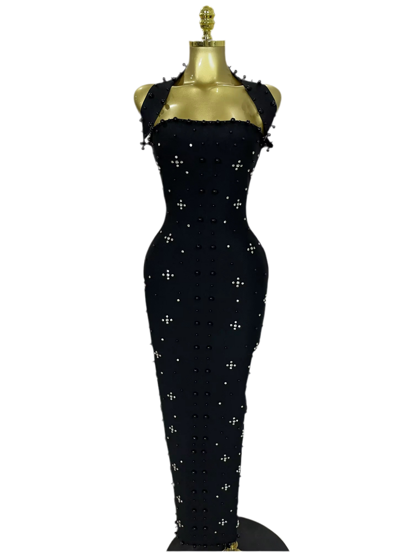 Sparkly Rhinestone Pearl Sleeveless Bodycon Bandage Long Dress