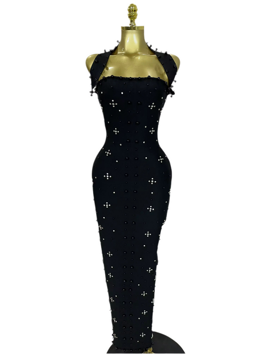 Sparkly Rhinestone Pearl Sleeveless Bodycon Bandage Long Dress