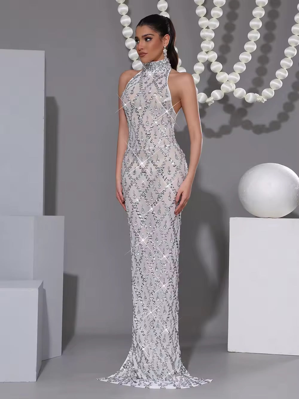 Shining Diamond Sequins Mesh Long Dress Evening Prom Birthday Dress