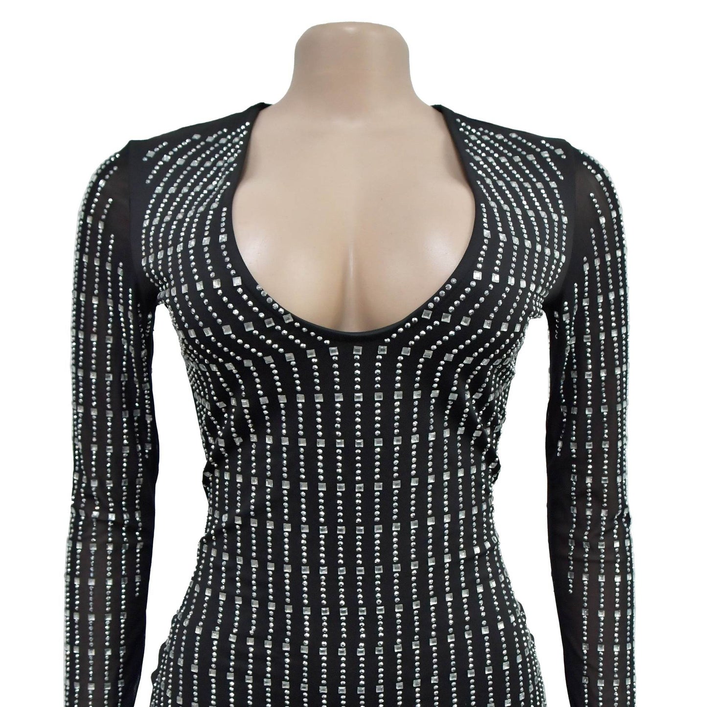 Mesh Rhinestone Long Sleeve Short Dress - REBECATHELABEL