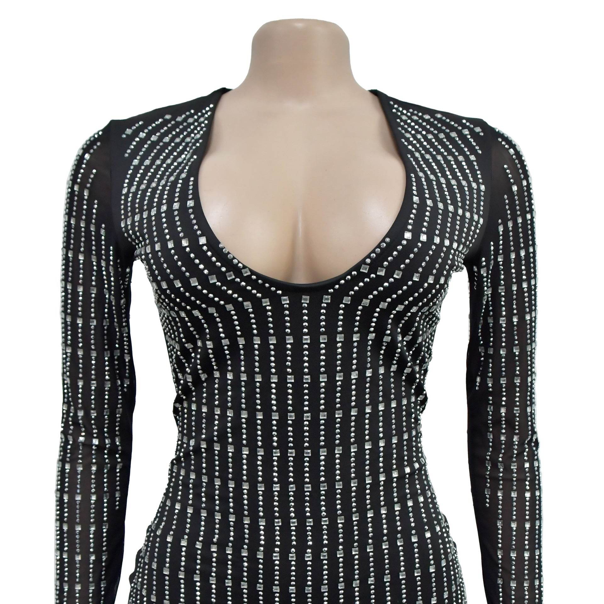 Mesh Rhinestone Long Sleeve Short Dress - REBECATHELABEL