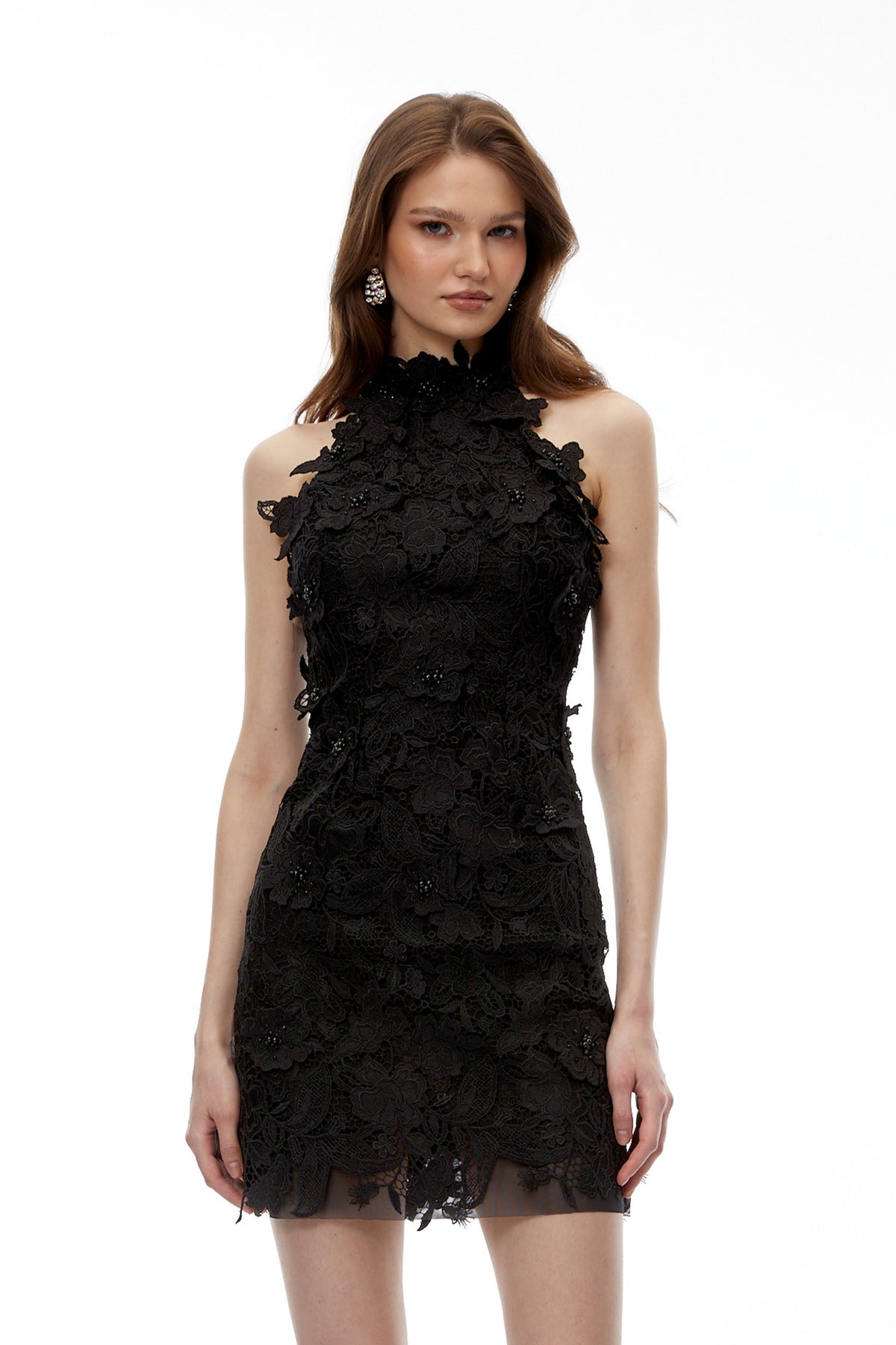 Black High Neck Lace Mini Dress