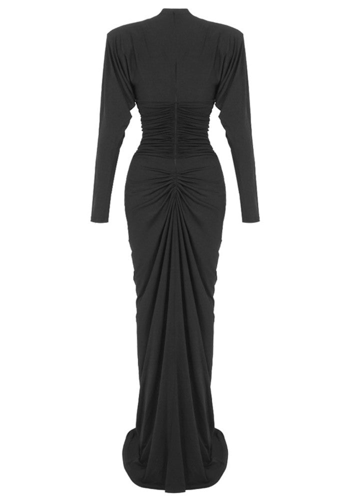 Long Sleeve Crystal Front Draped Maxi Dress Black