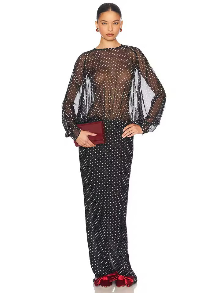 Black Dot Long Sleeve See-Through Maxi Dress