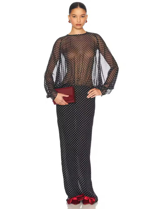 Black Dot Long Sleeve See-Through Maxi Dress