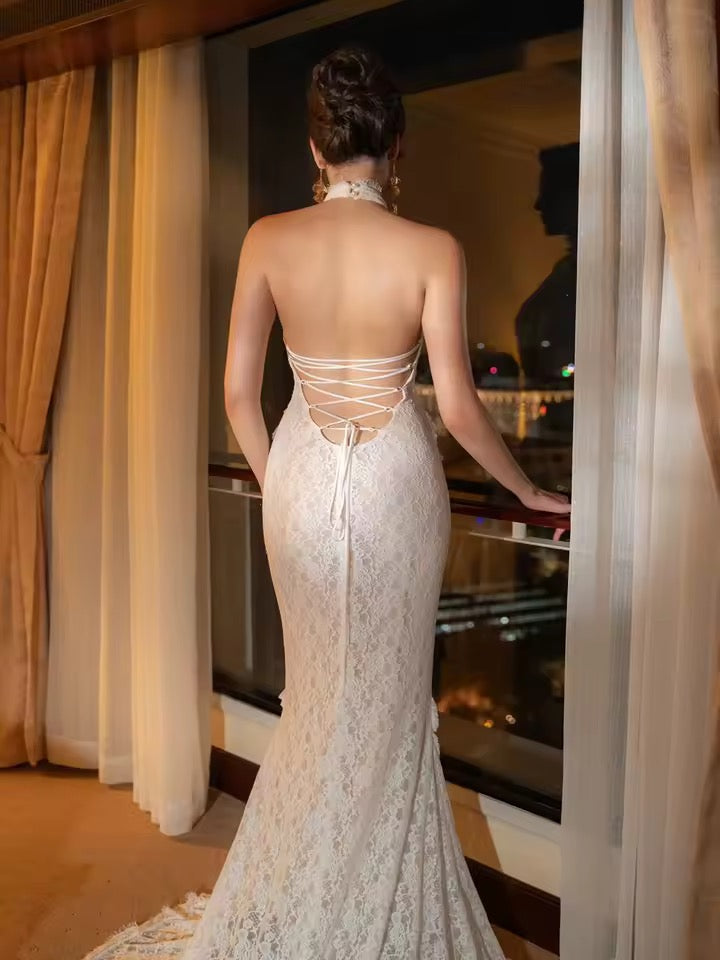 Backless lace-up Bridal Halter Sleeveless Gown dress