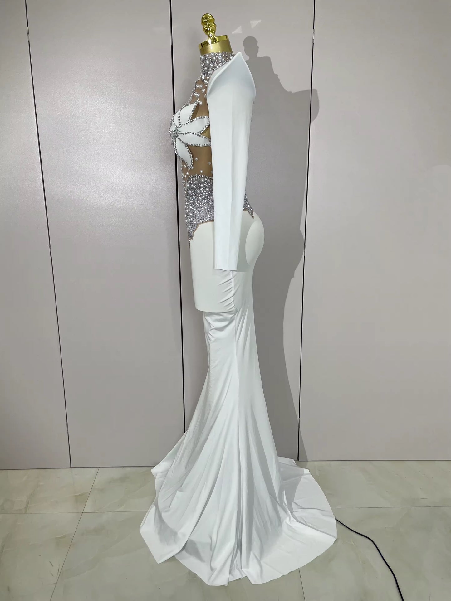 Sparkly Diamonds Pearl Black Sexy See Through Mesh Long Dress