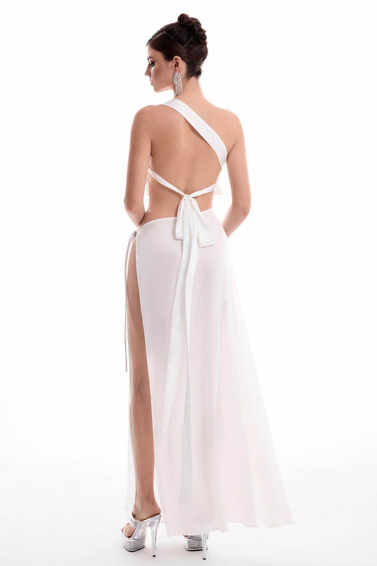 3D Flower Embroidered Backless Top & Solid Split Maxi Skirt Set - REBECATHELABEL