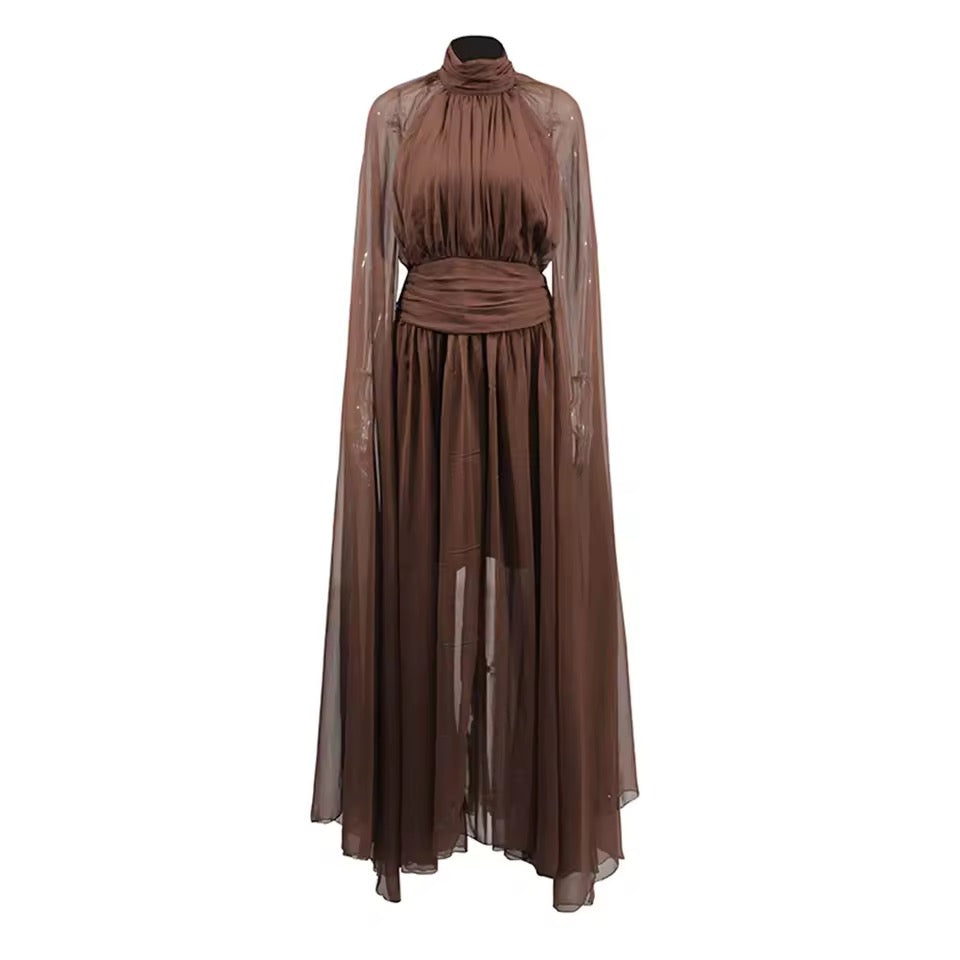 Solid Metal Butterfly Decoration Backless Chiffon Long Dress