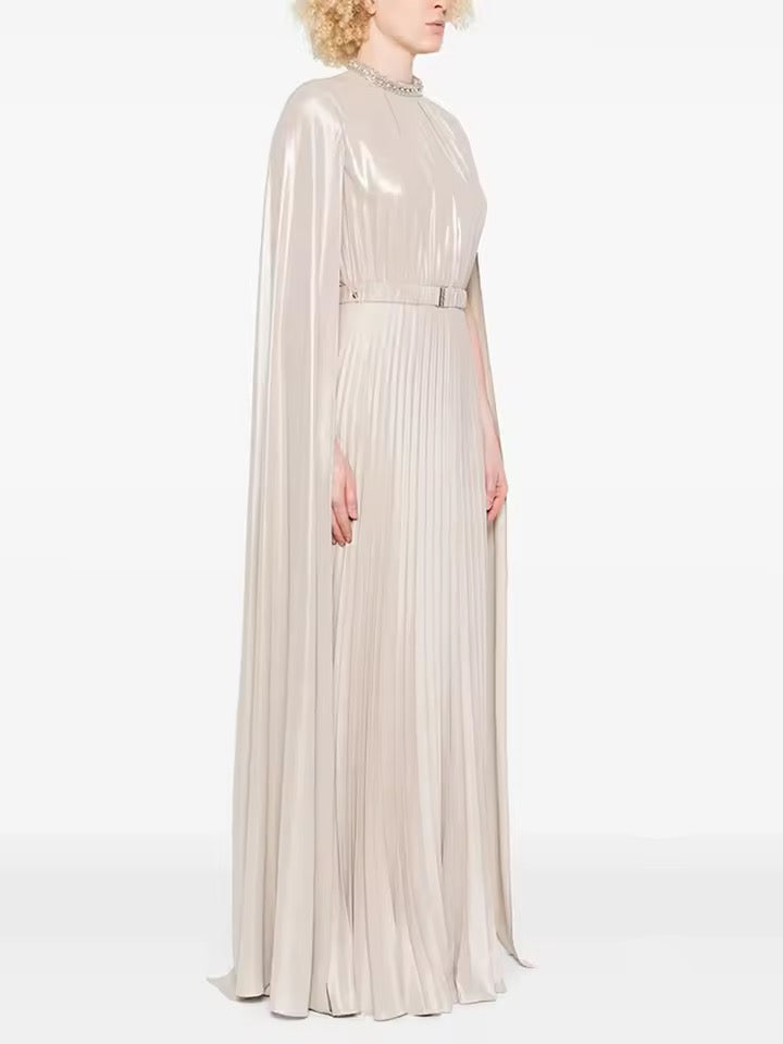 Floor Long Cape Sleeves Diamond Slimming Pleated Long Dress