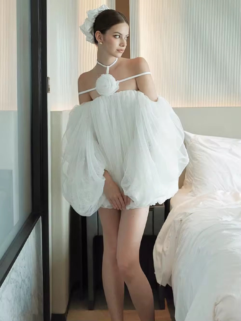 Loose Sexy Flower Mesh Off Shoulder Halter Mini Dress