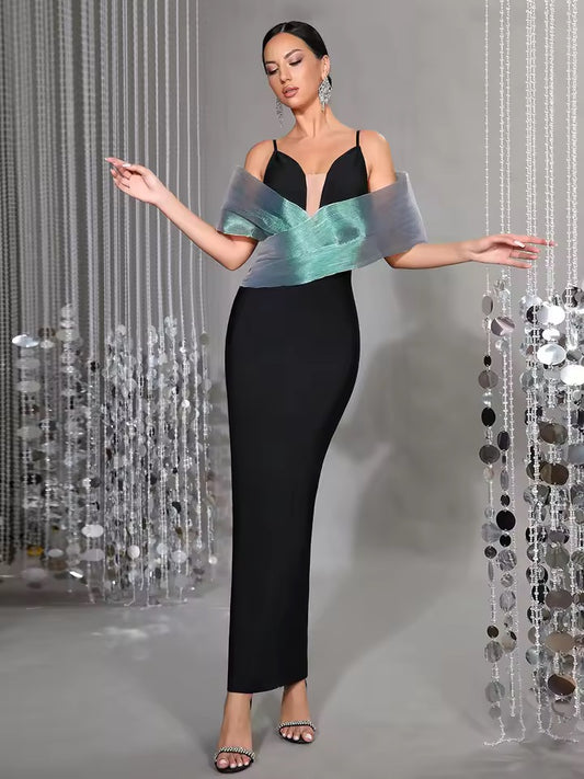 Spaghetti Strap Patchwork Maxi Bandage Dress