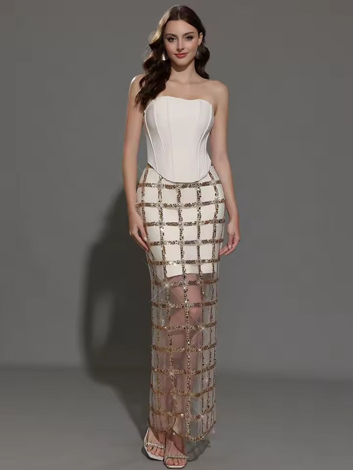 Apricot Sequins Off Shoulder Patchwork Mesh Sexy Tight Bandage set