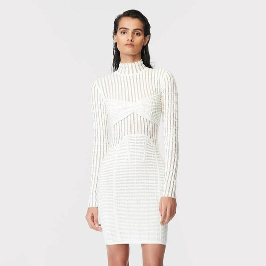 Patchwork Mesh Tight Long Sleeve Mini Bandage Dress - REBECATHELABEL