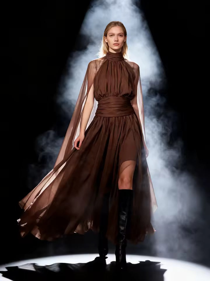 Solid Metal Butterfly Decoration Backless Chiffon Long Dress