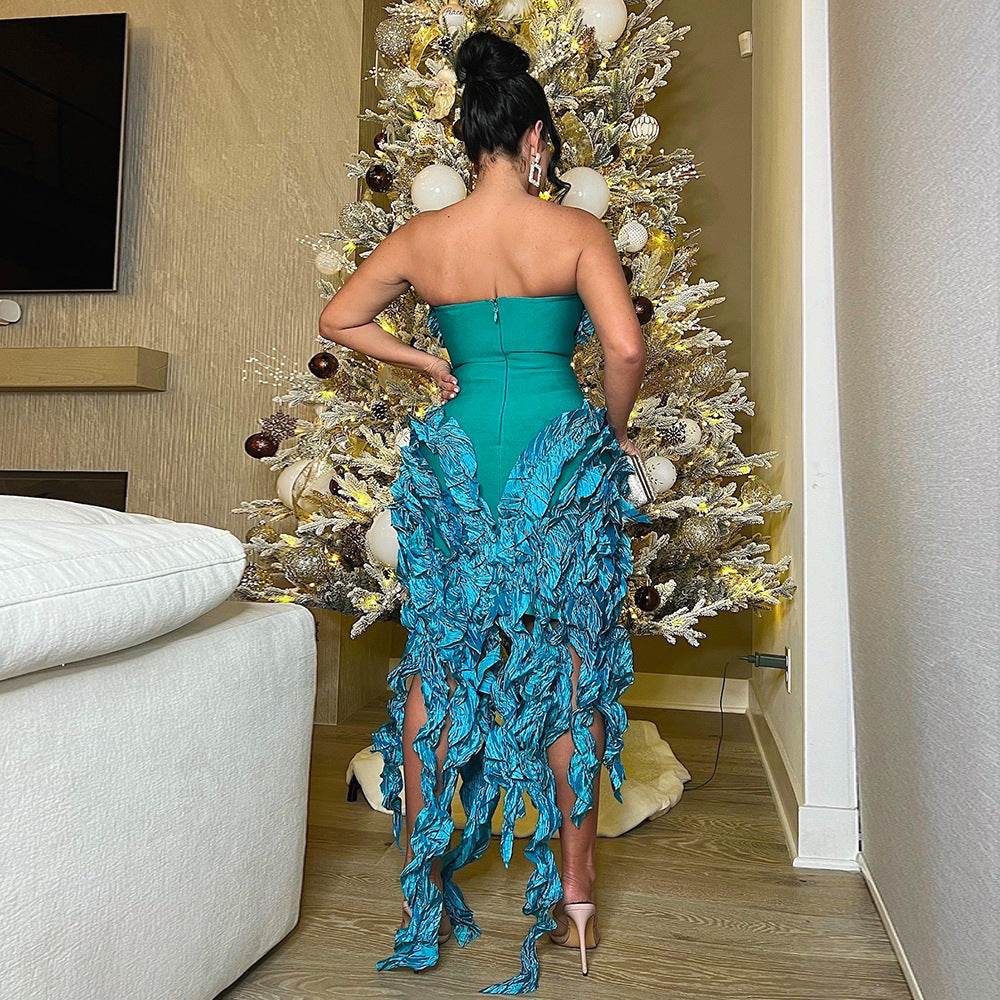 Strapless Ruffles Tassel Splicing Irregular dress - REBECATHELABEL