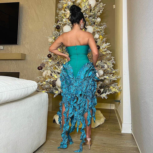 Strapless Ruffles Tassel Splicing Irregular dress - REBECATHELABEL