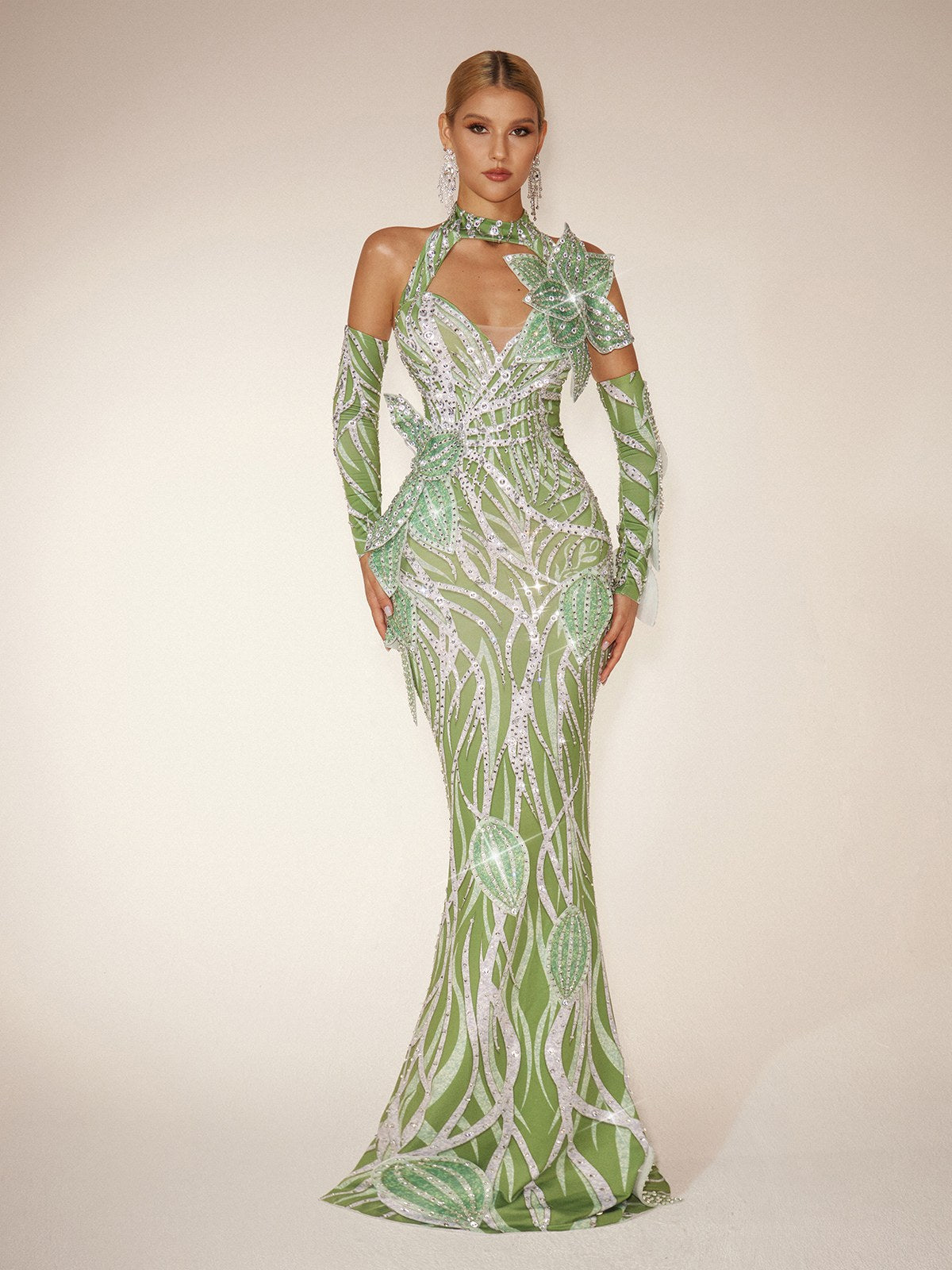 Leaf Dress Rhinestone Long Dress With Gloves