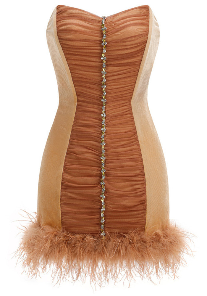 Strapless Crystal Draped Feathers Dress Brown