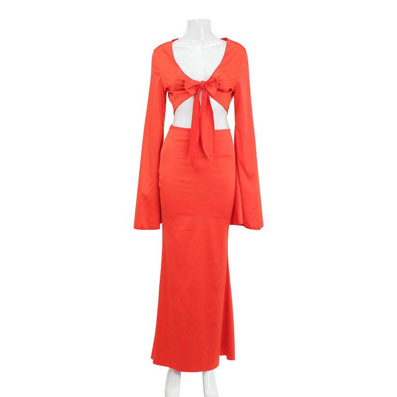 Lace Up Long Sleeve Sexy French V Neck Low Waist set - REBECATHELABEL