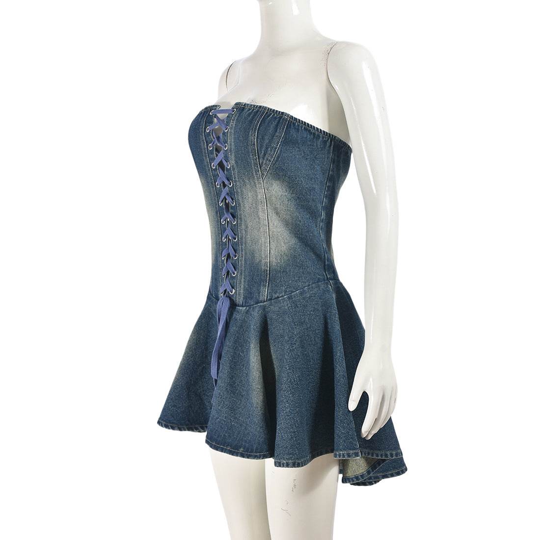Zipper Lace up Bandeau Sexy Sexy Denim Flounced Dress - REBECATHELABEL