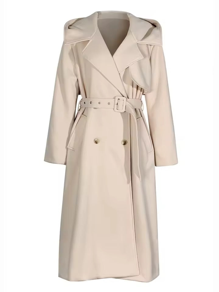Fleece Hooded Loose Trench Coat Midi Length coat