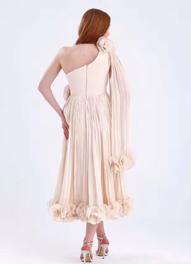 One Shoulder Tea Length Backless Zipper Wrinkle dress