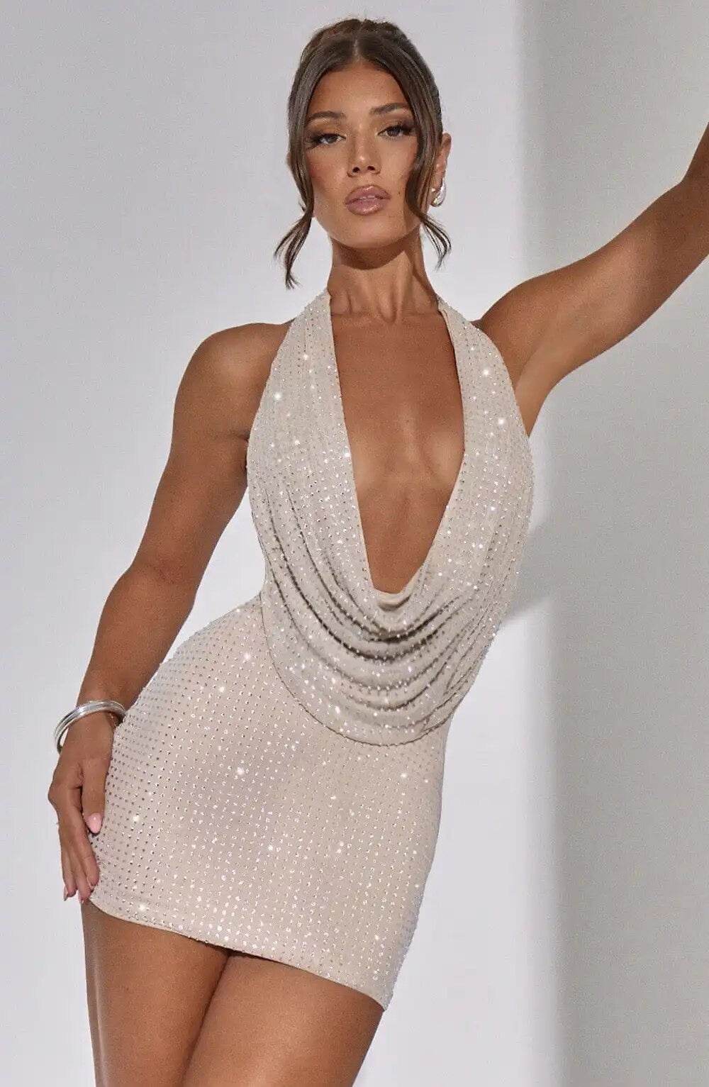 Sparkling Backless Diamond Mesh Mini Tight Dress - REBECATHELABEL