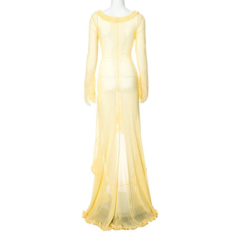 Solid Color Long Sleeve See Through Low Cut Sexy Dress - REBECATHELABEL