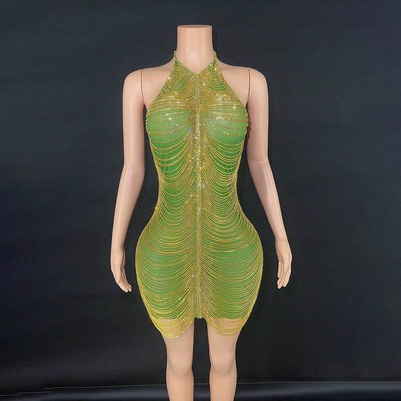 Halterneck Diamond Chain Mesh Mini Dress In Green - REBECATHELABEL