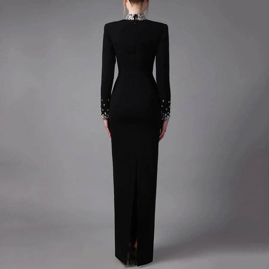 Diamond Neckline and Sleeves Sexy Tight Long Bandage Dress - REBECATHELABEL