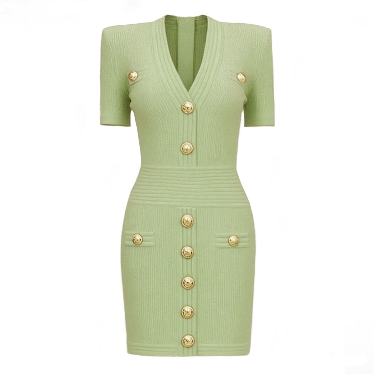 V-Neck Knitted Short Skirt With Rivet Buckle Short Sleeved dress