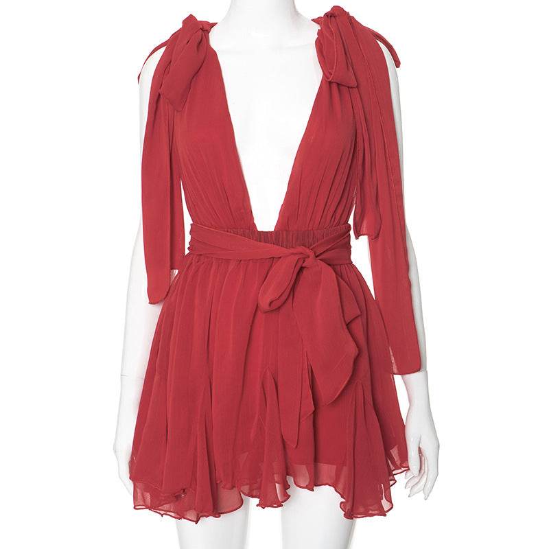 Low Cut Deep V Plunge Bare Back Tied Dress - REBECATHELABEL