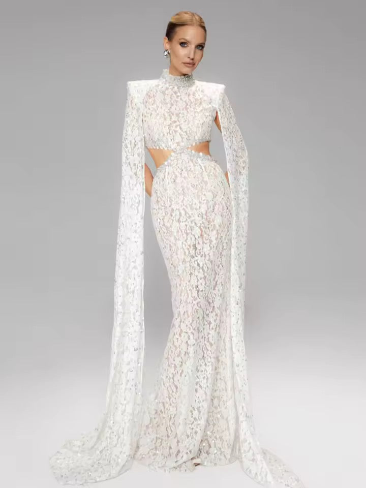 High Neck Sequins Flower Beaded Lace Long Dress