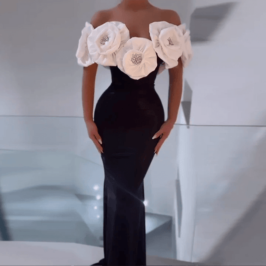 Off Shoulder 3D Flower Design Tight Long Bandage Dress - REBECATHELABEL