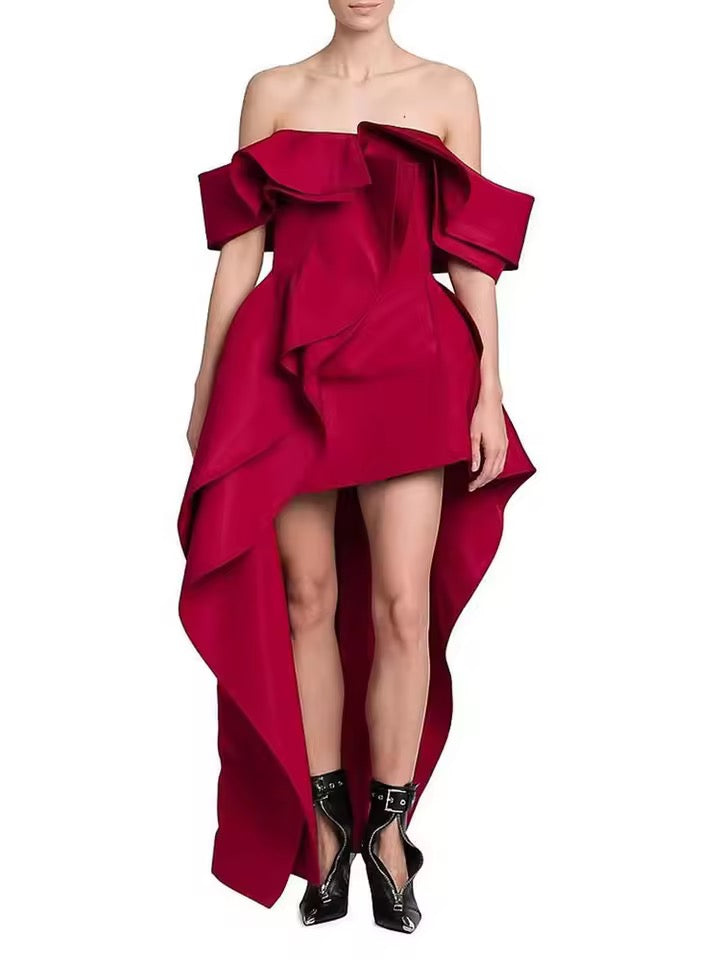 Red Spliced Folds Basics Dress Female Slash Neck Sleeveless