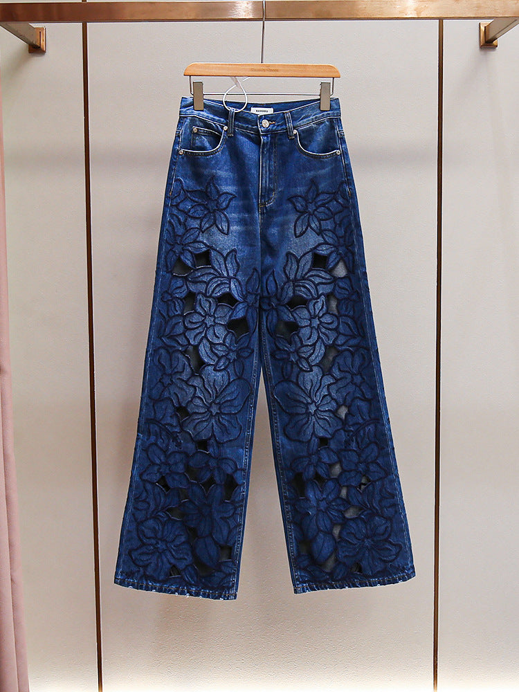 Floral Embroidered Hollow Out Jeans