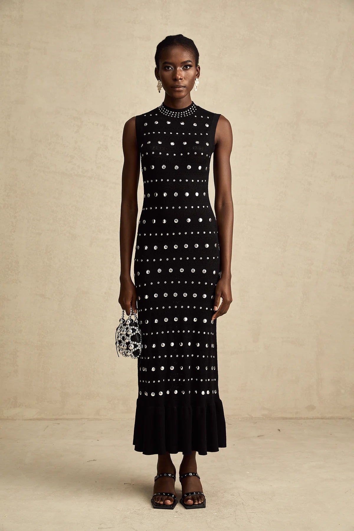 studded crochet-knit maxi dress in Black