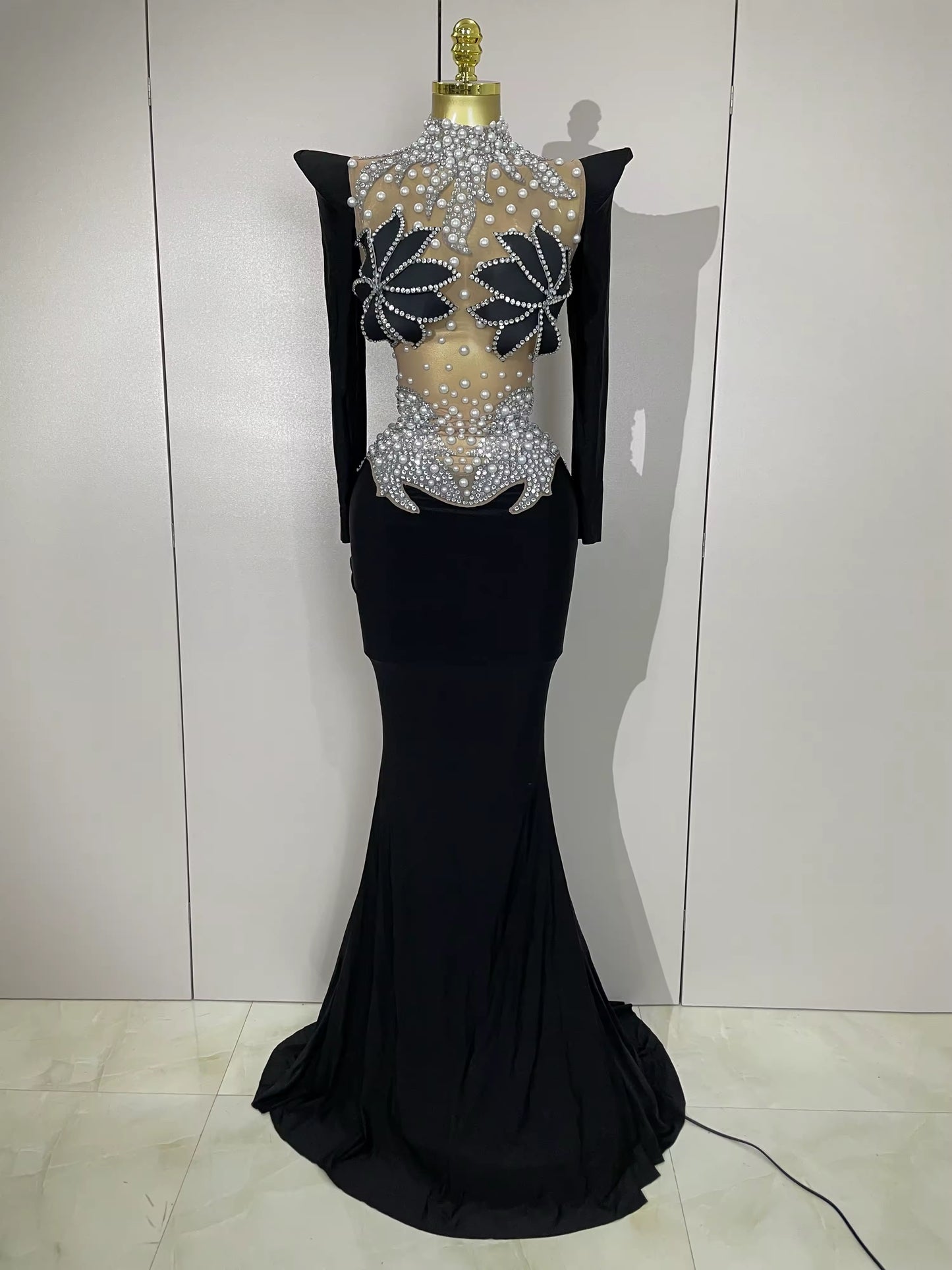 Sparkly Diamonds Pearl Black Sexy See Through Mesh Long Dress