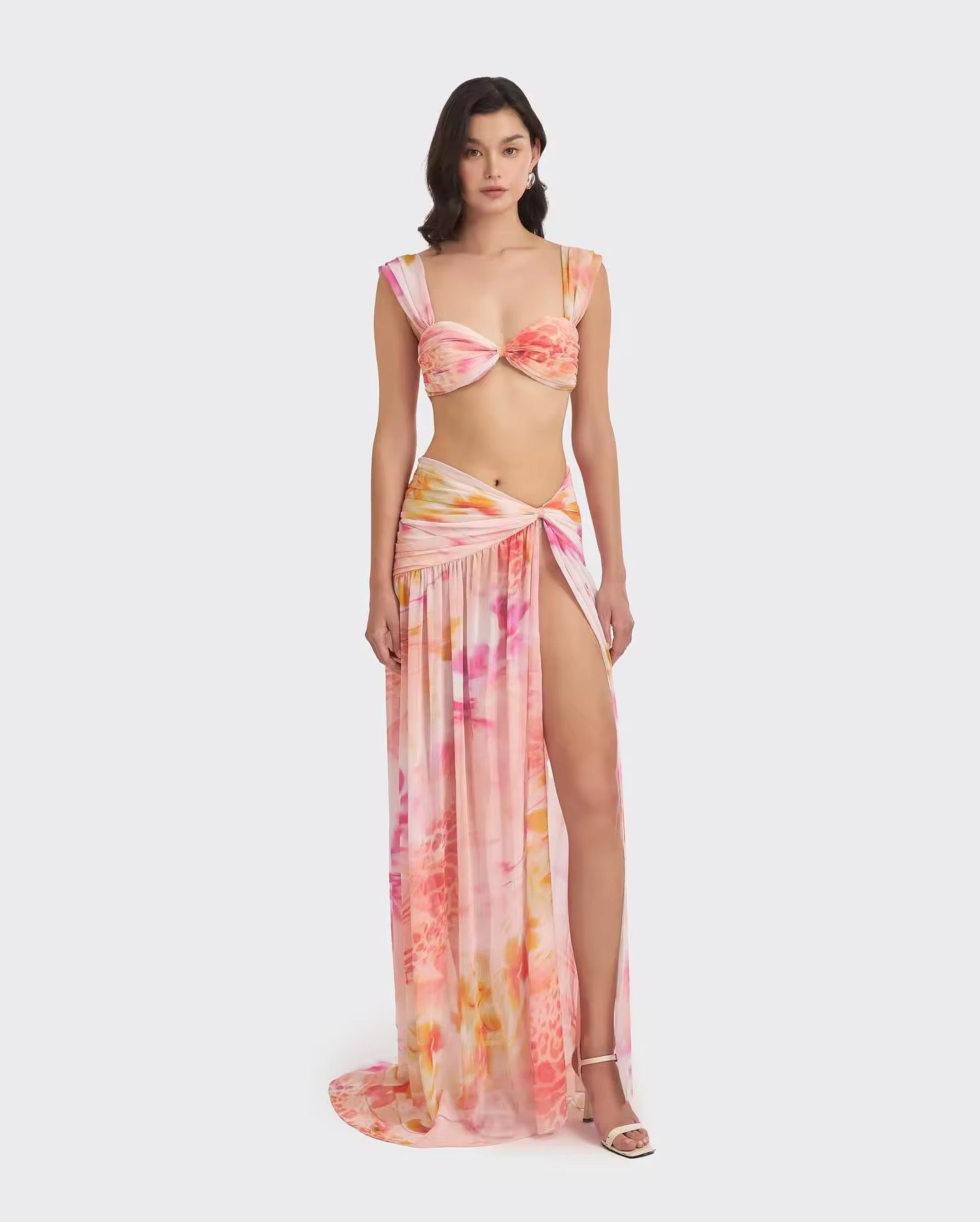 Ruched Print Cover Up Maxi Vestidos Holiday Beach set