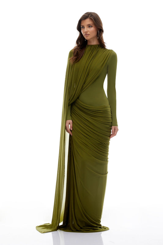 Green Asymmetrical Ribbon Draped Maxi Dress