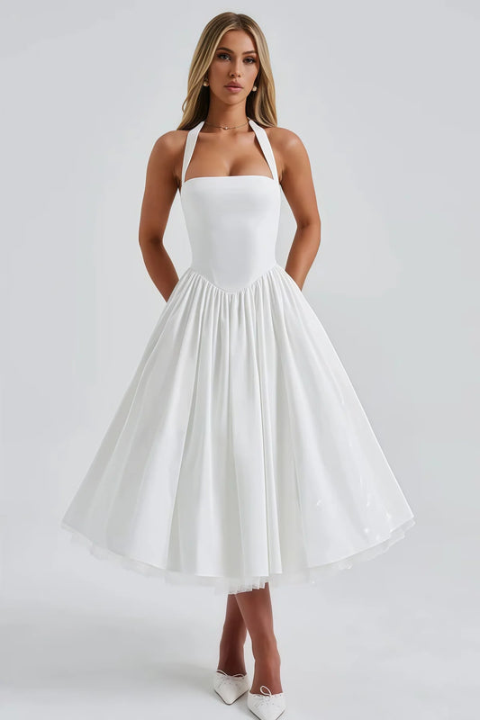 White Layered Flared Hem Midi Dress