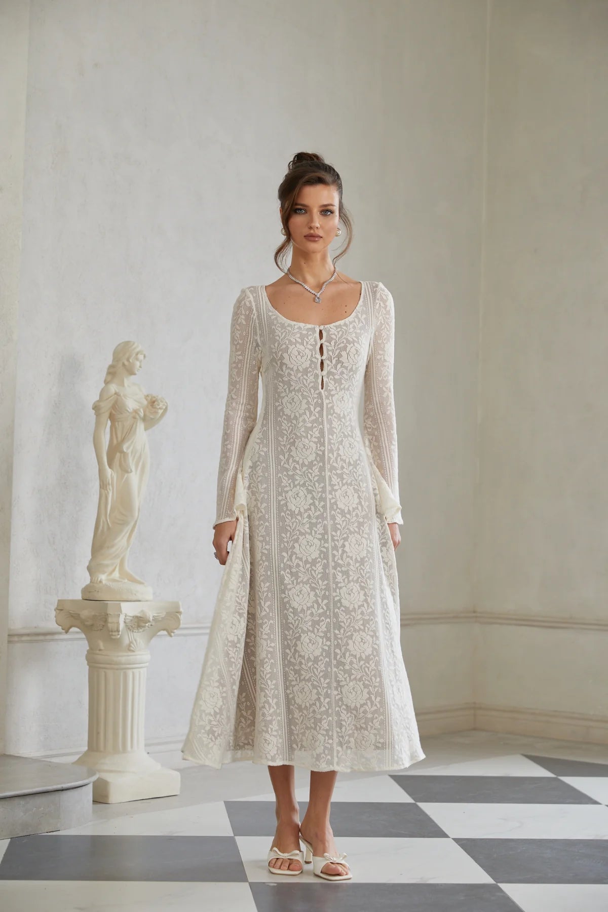 White Flared Crochet Knit Midi Dress