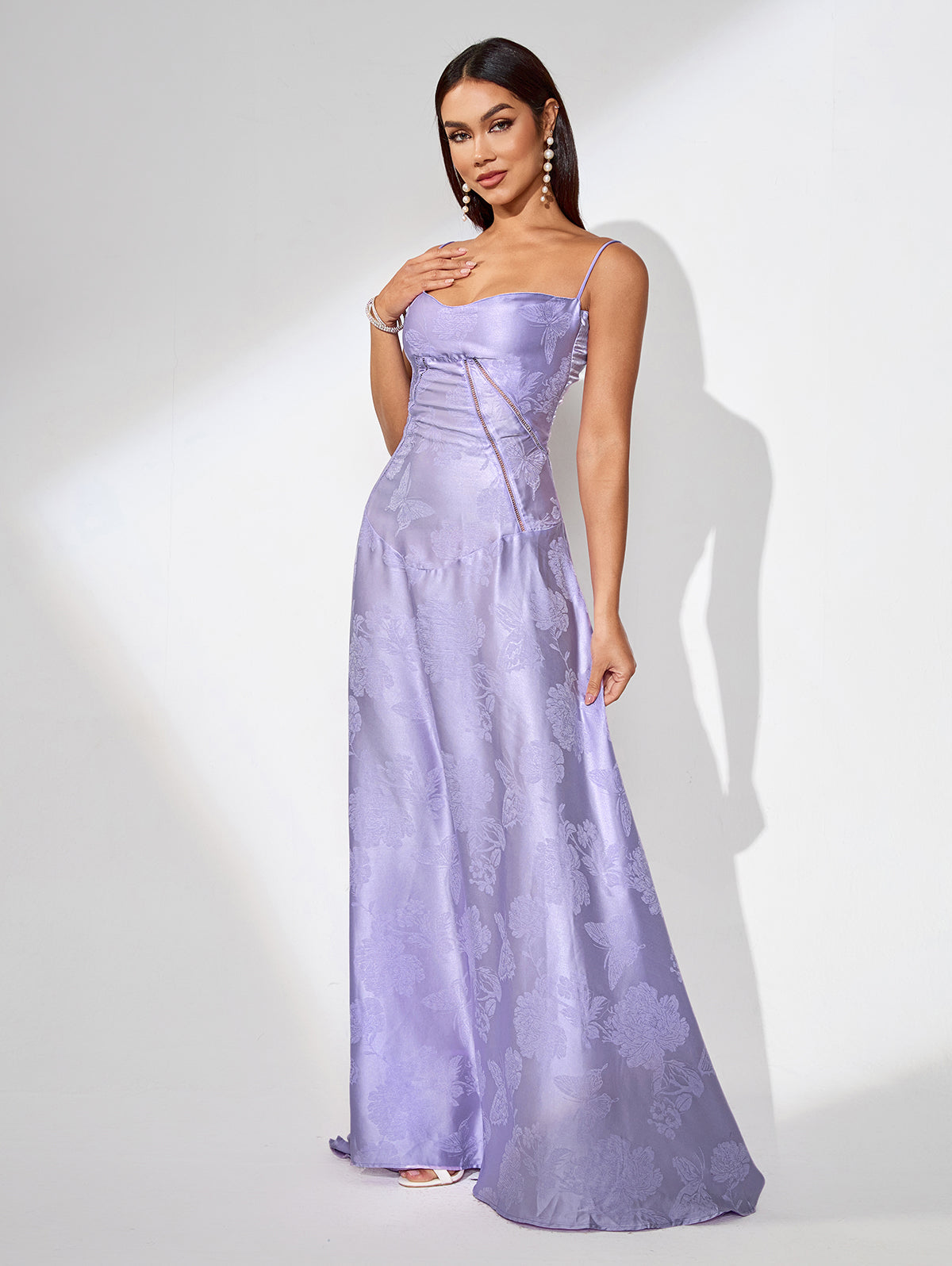 Purple Jacquard Strap Flared Dress
