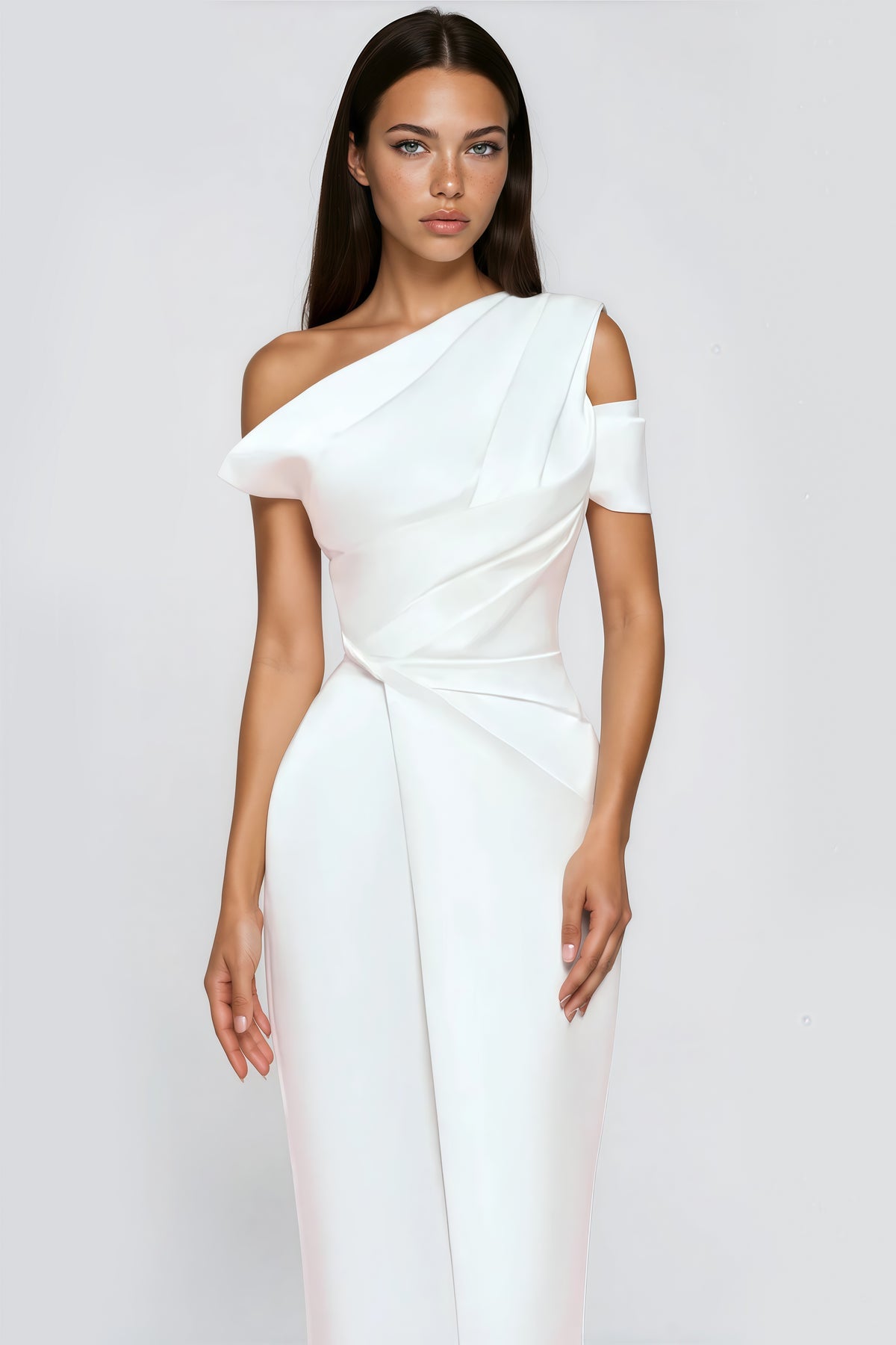 White One Shoulder Asymmetrical Midi Dress