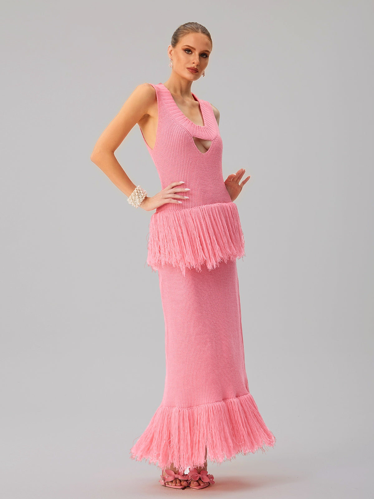 Sleeveless Fringe Knit Maxi Dress