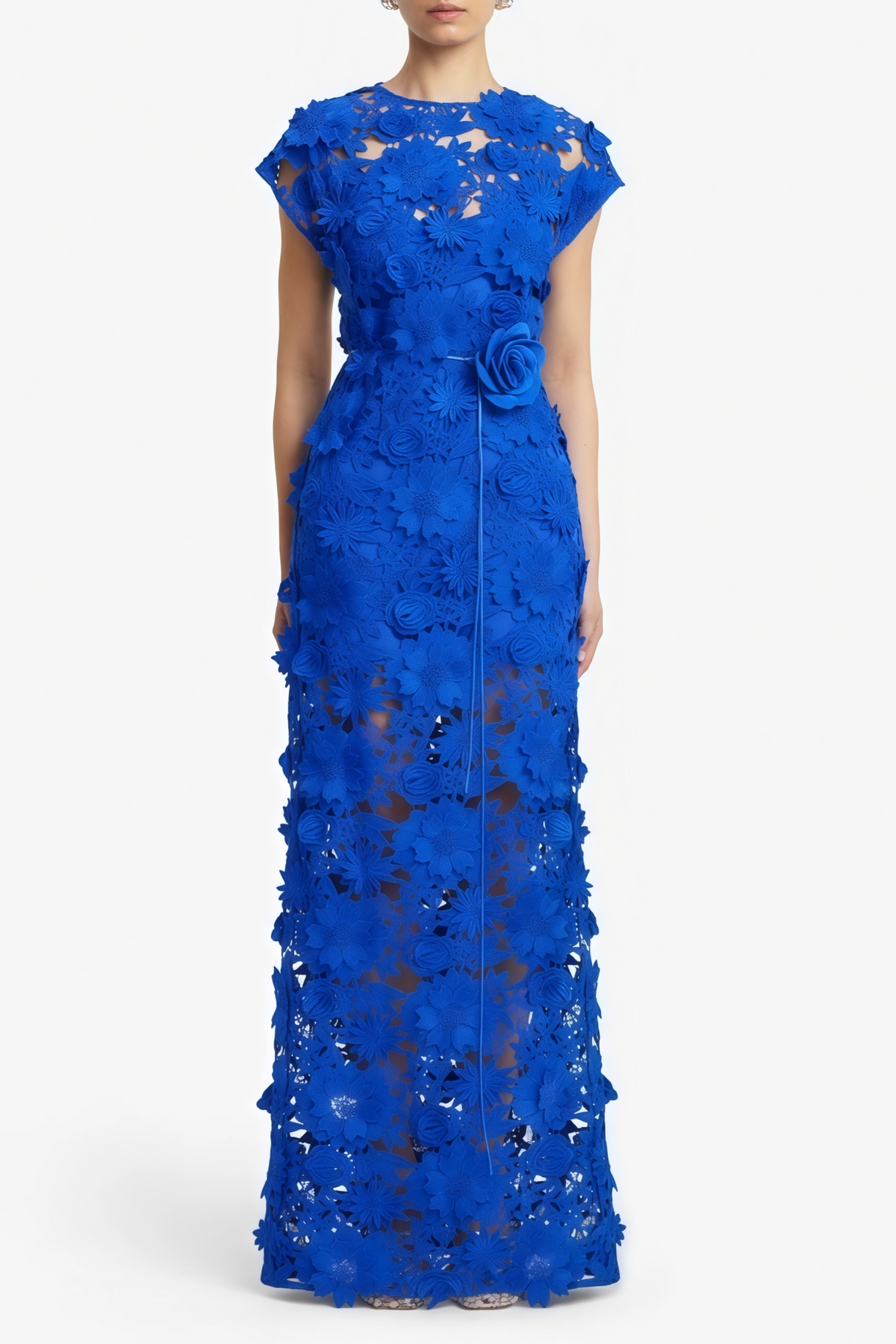Blue Floral Appliqué Maxi Dress witn Cut-Outs