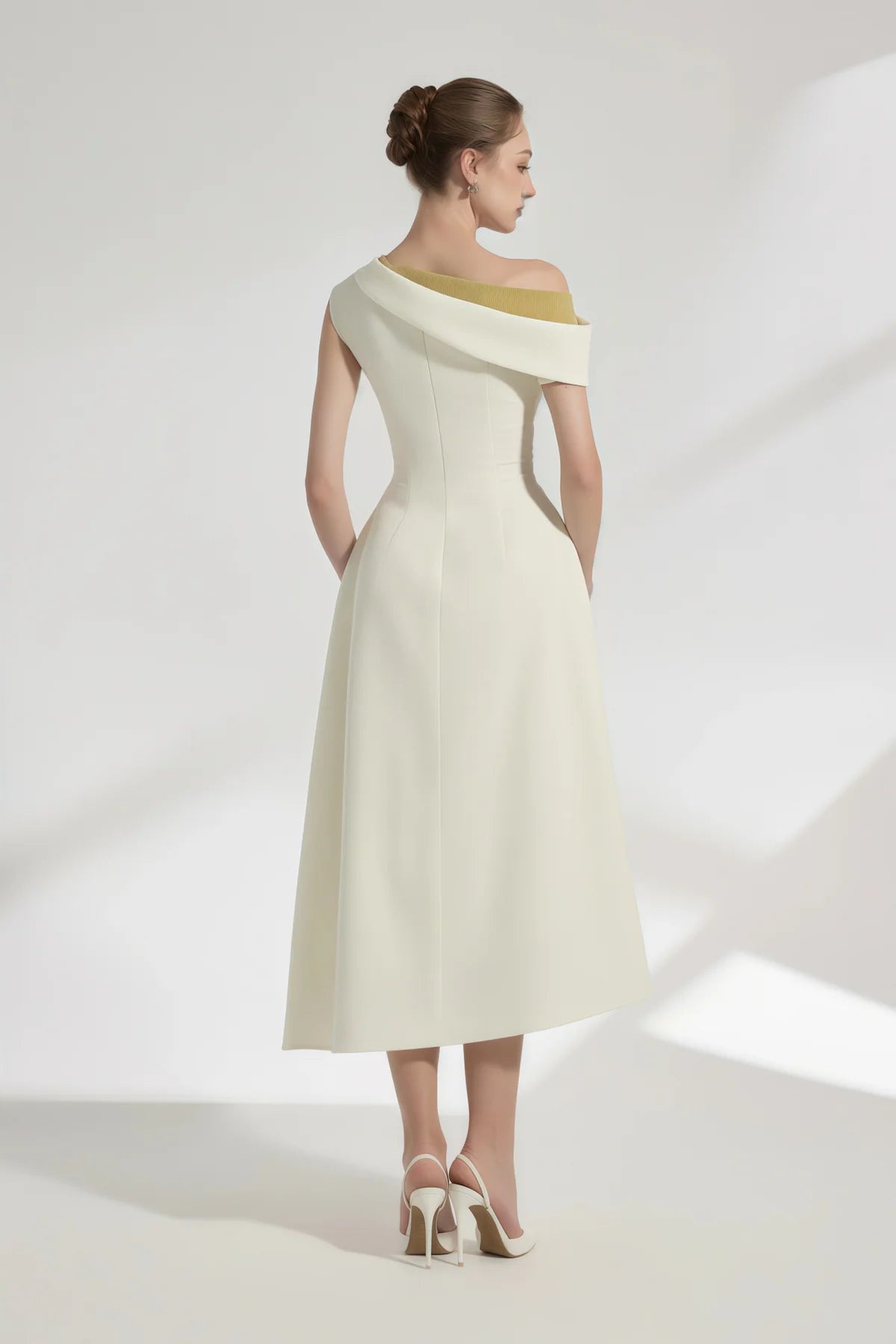 White One Shoulder Ruched Midi Dress